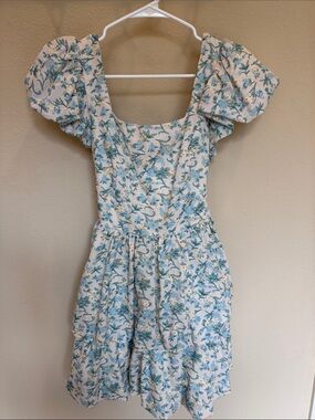 Floral Puff-Sleeve Women's Dress in Light Blue